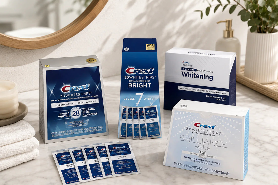 Srovnání bělicích pásků na zuby Crest s různými variantami produktů pro domácí bělení zubů