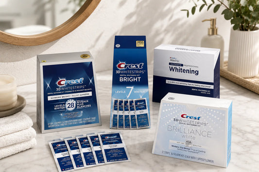 Srovnání bělicích pásků na zuby Crest s různými variantami produktů pro domácí bělení zubů