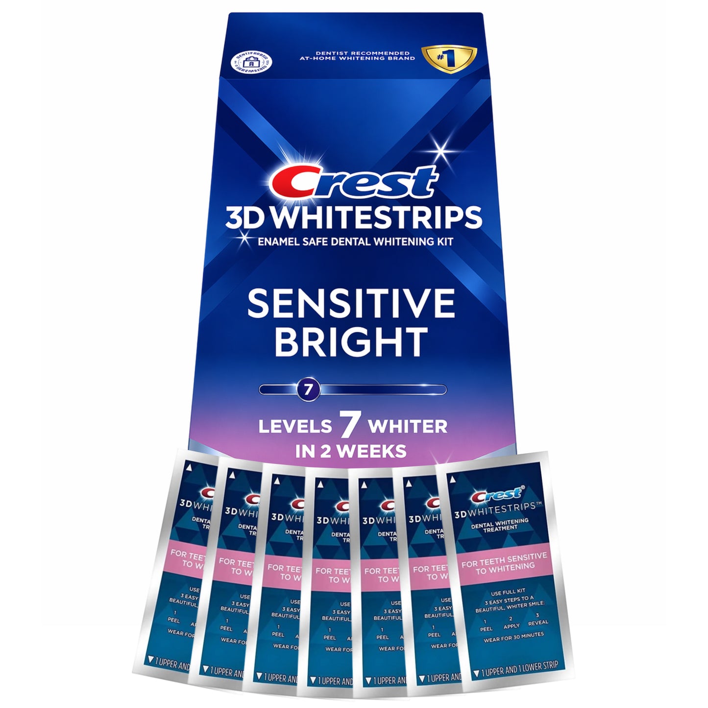 Bělicí pásky Crest Sensitive Bright 7 Levels Whiter Whitestrips (7 sáčků-14 pásků)